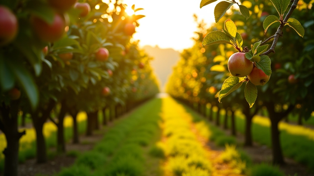 Sunlit apple orchard with rows of mature trees and dappled light filtering through canopy