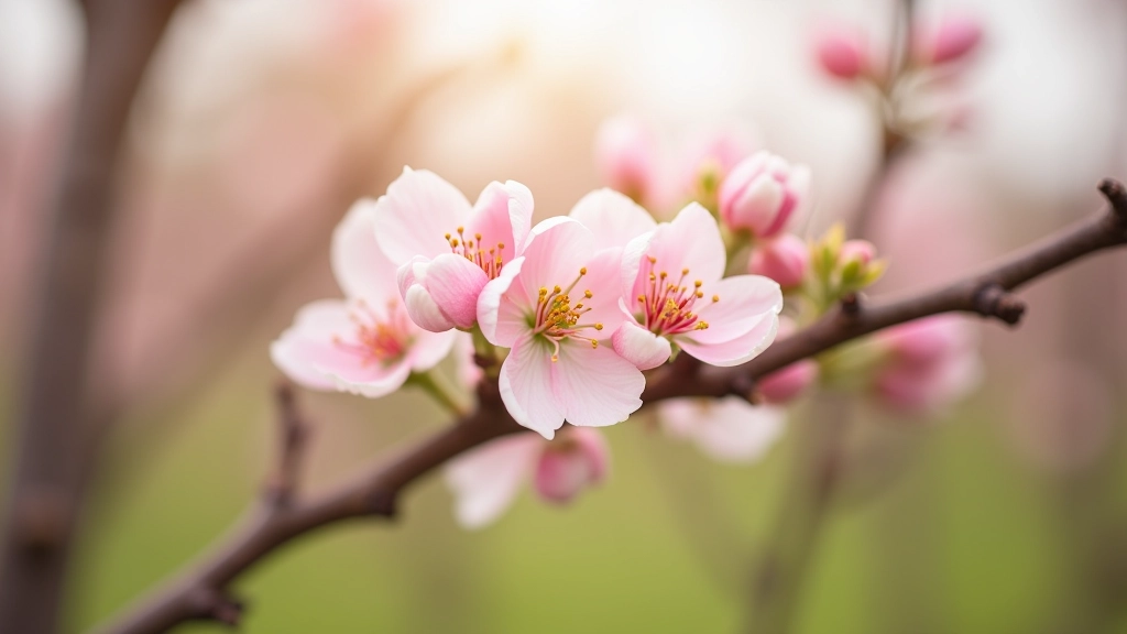 Close-up of pink and white apple blossoms on tree branches in spring orchard setting with soft natural light