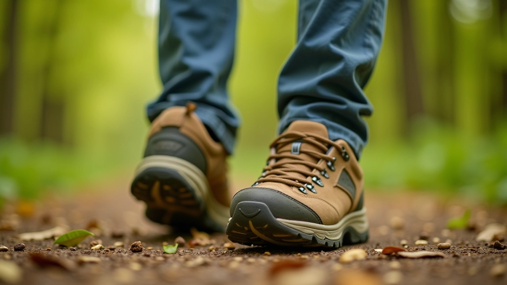 Close-up of quality walking shoe on forest trail showing proper tread and support structure, natural outdoor lighting