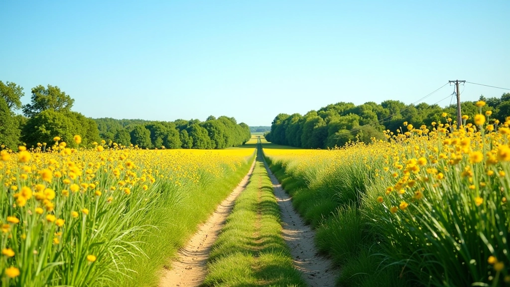 Rural path with wildflowers on sides leading through open countryside, clear sky
