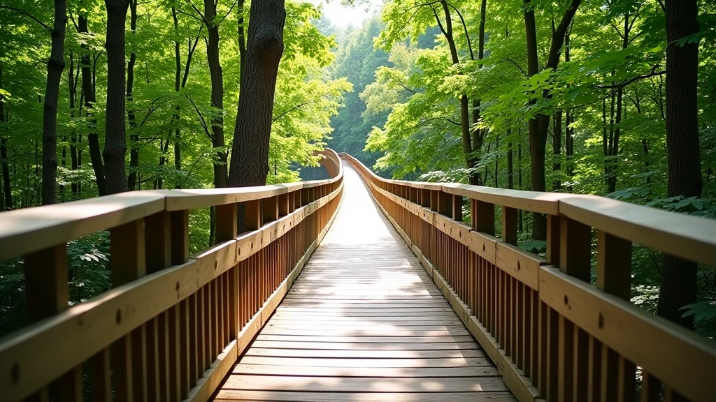 Descent section of boardwalk with visible slope, wooden railings, forest surrounding, clear path ahead