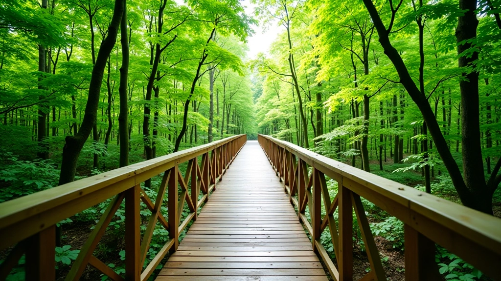 Mid-section elevated boardwalk at canopy level, dense green forest surrounding, wooden platform with railings