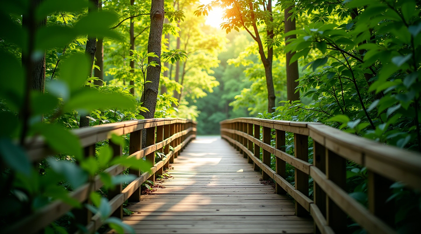 Wooden walking path winding through green forest canopy with dappled sunlight