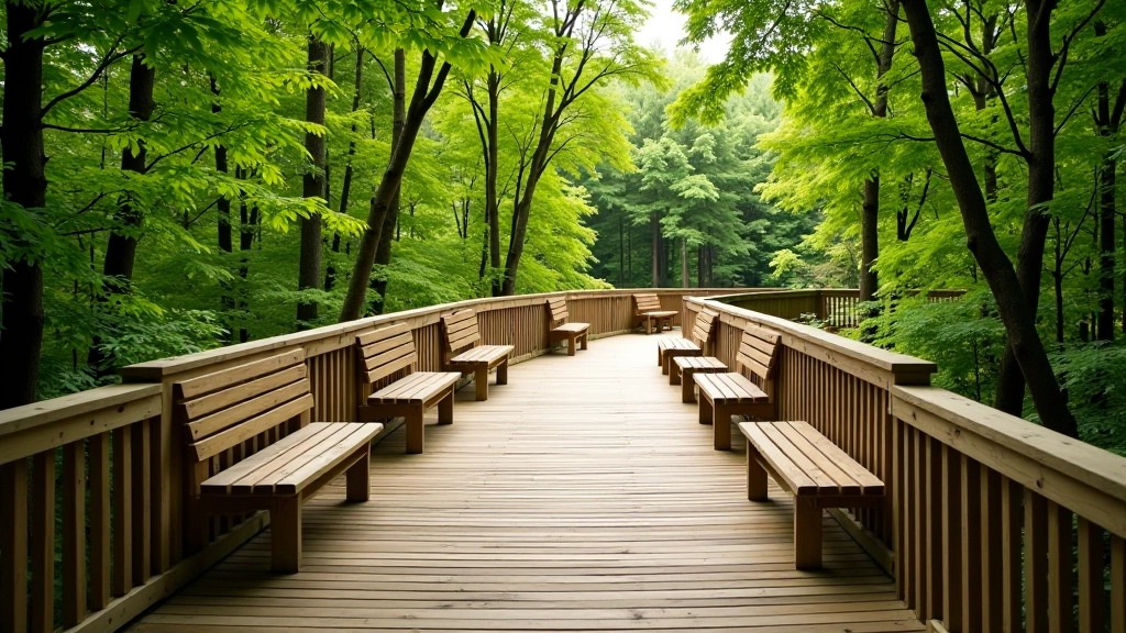 Elevated boardwalk plateau section with wooden benches, forest views stretching into distance, peaceful walking area