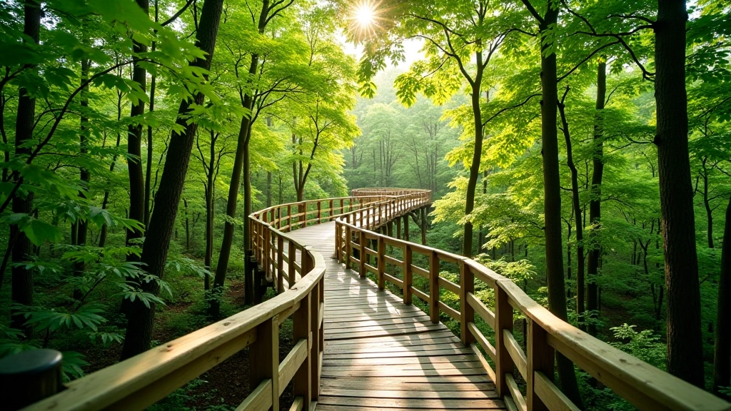 Elevated wooden walkway through forest canopy