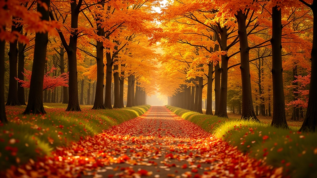 Forest path covered with fallen golden and red autumn leaves, trees with changing foliage colors in background, warm autumn lighting