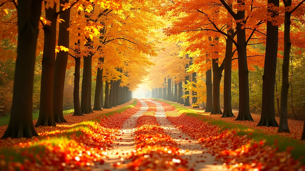 Forest path in autumn with golden and red leaves covering ground and trees