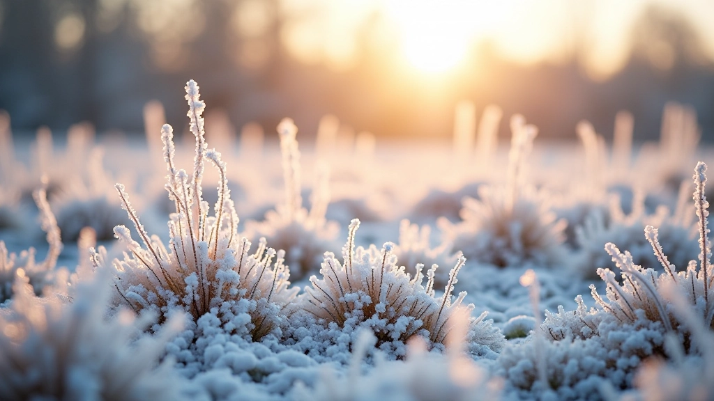 Frost-covered vegetation and grass in early morning light, winter landscape with white crystalline ice crystals on plants