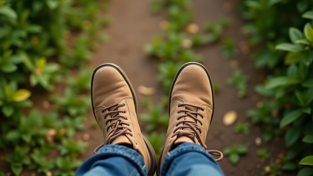 Person wearing comfortable walking shoes on a natural forest path, clear daylight, focused on footwear and proper positioning