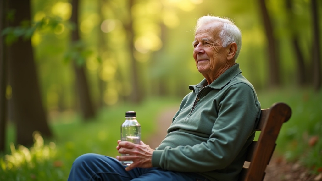 Elderly person resting on a wooden bench along a nature trail, drinking water, peaceful woodland backdrop with dappled sunlight