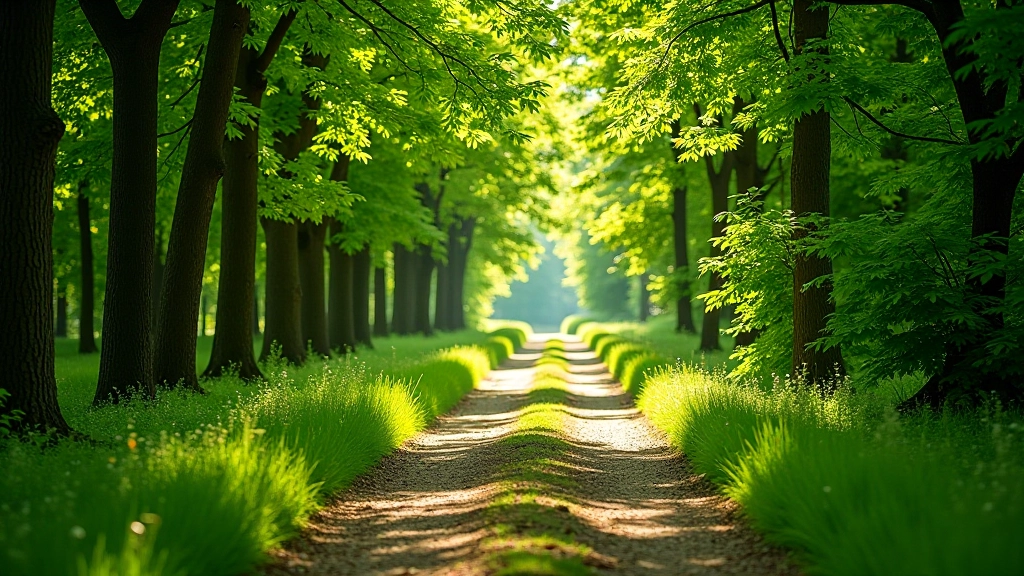 Shaded forest path with dappled sunlight filtering through dense green tree canopy, peaceful woodland environment