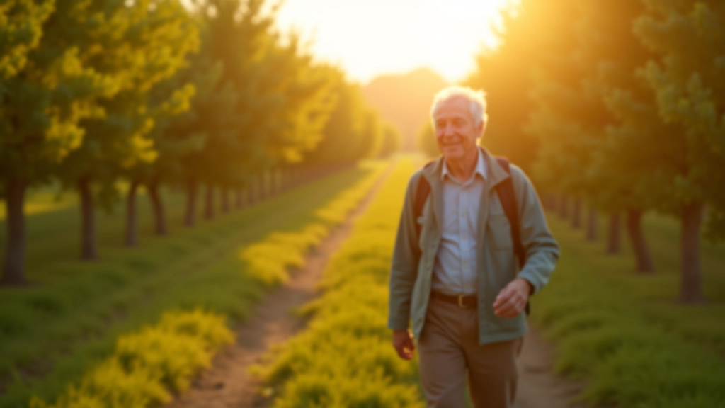 Person standing on orchard path in early morning light, dappled shadows on ground, peaceful countryside setting