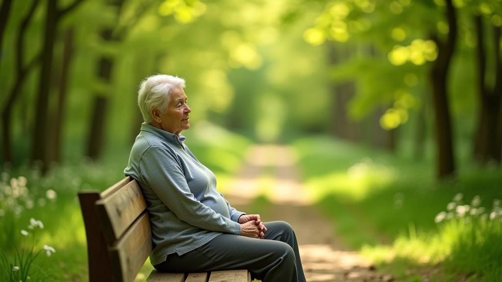 Older person sitting on wooden bench in shaded woodland area, relaxed posture