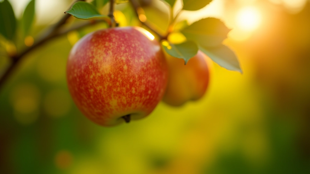 Close-up of red apples hanging from tree branch in orchard setting with warm sunlight