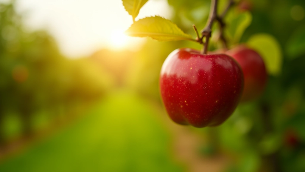 Red apple hanging from tree branch in sunlight with orchard visible in background