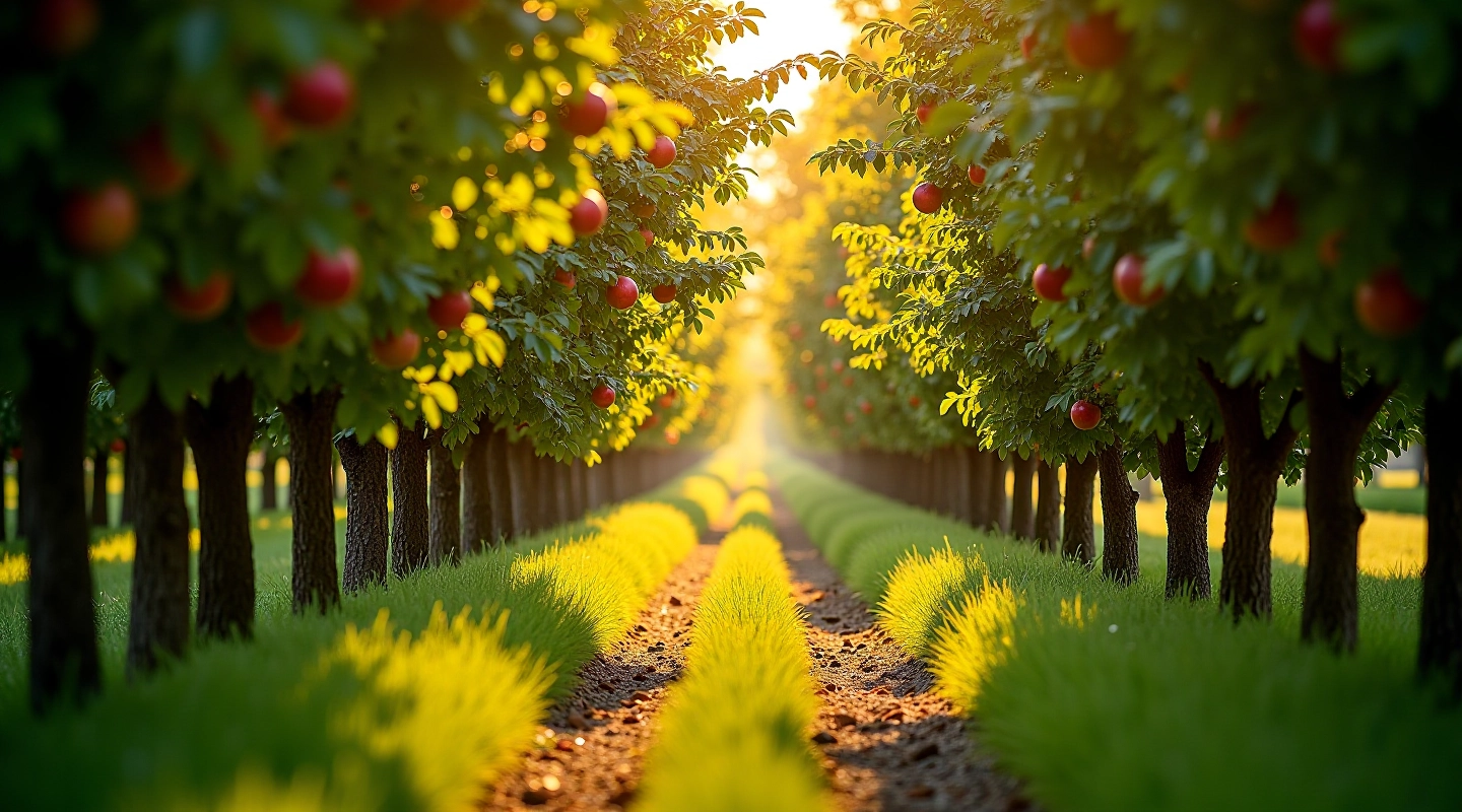 Beautiful orchard walking path with mature apple trees creating a peaceful natural corridor
