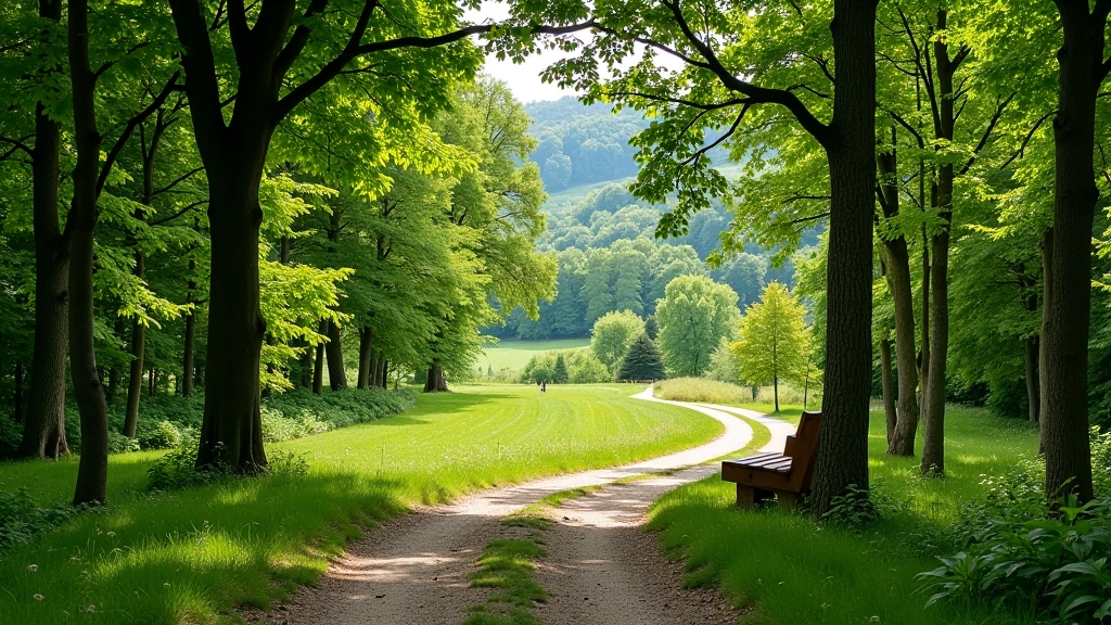 Forest path with rest bench overlooking valley