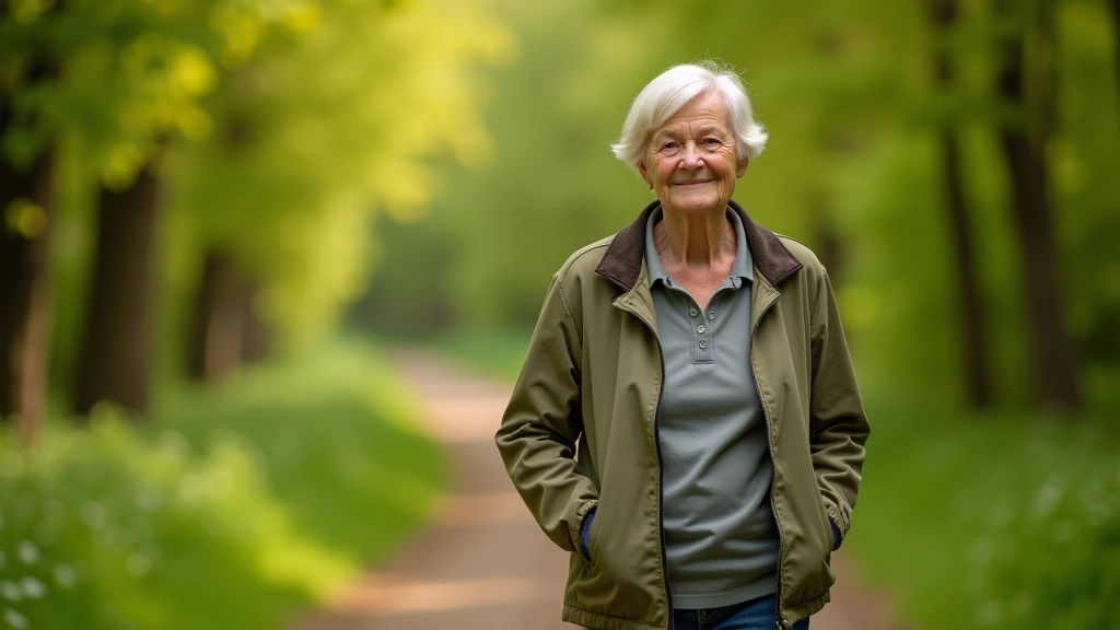 Woman of retirement age walking slowly on a gentle countryside path, relaxed gait, natural forest surroundings with dappled light
