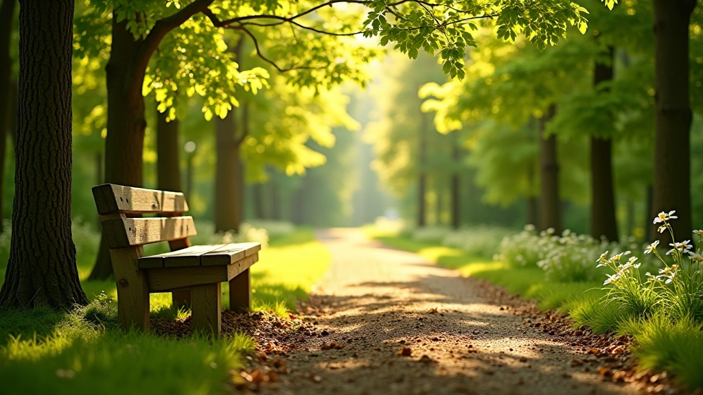 Wooden bench in shaded woodland area surrounded by trees and natural greenery