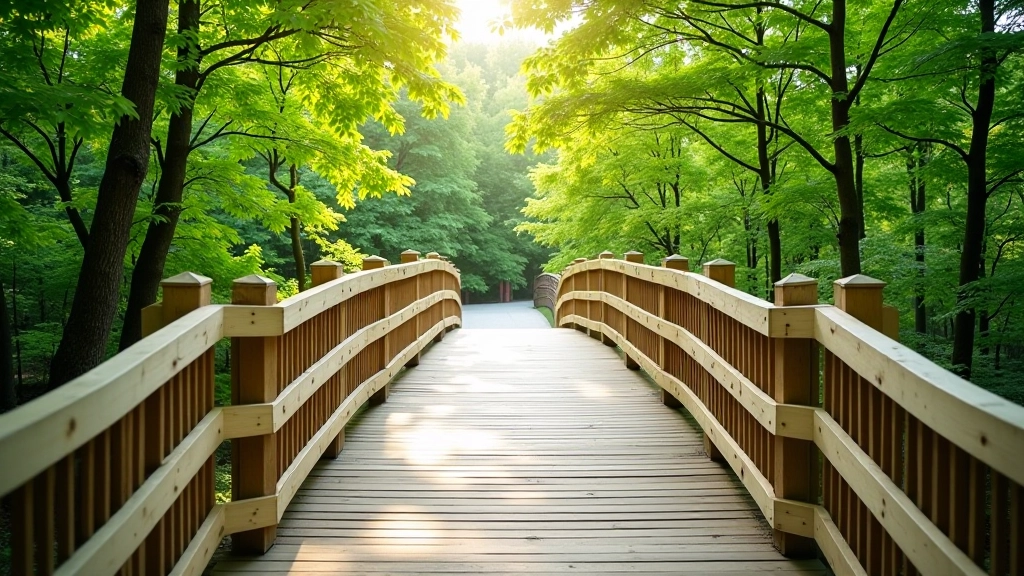 Wooden boardwalk entrance with gentle ramp, dappled forest light, beginning of elevated path