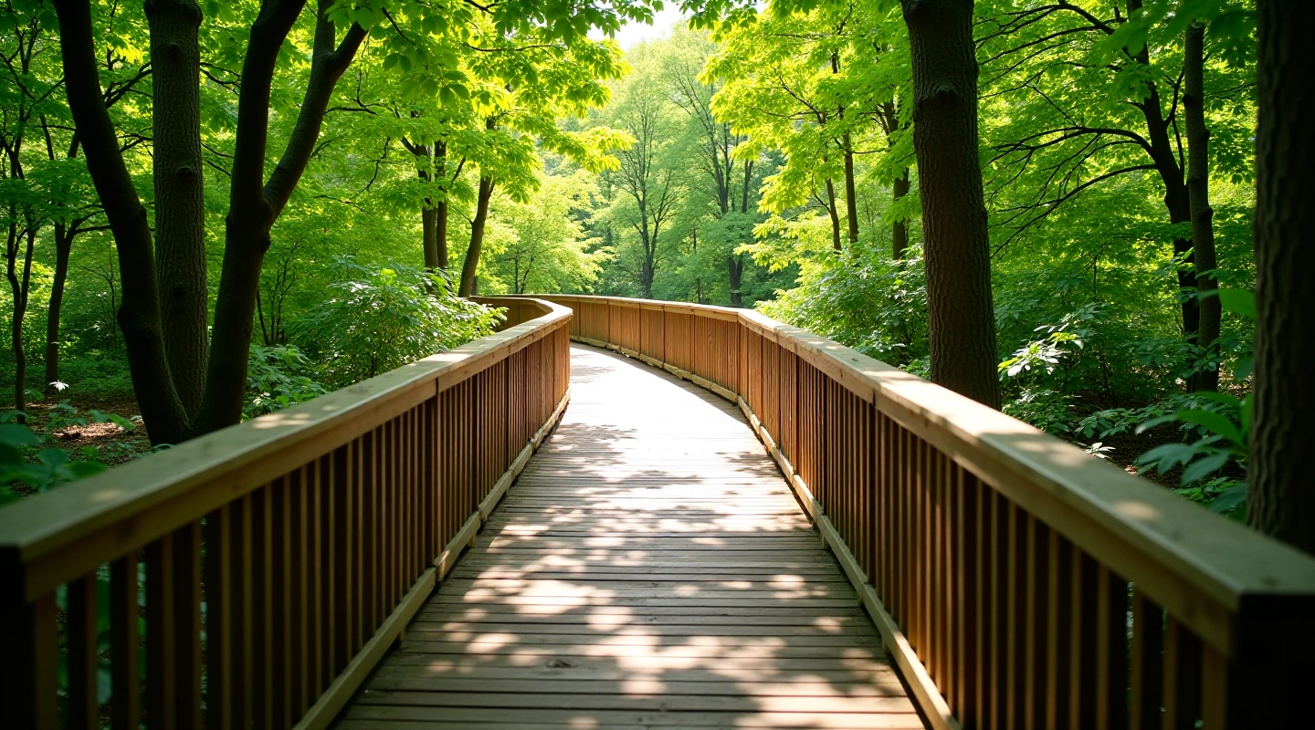 Wooden elevated boardwalk winding through dense green forest with dappled sunlight filtering through leaves